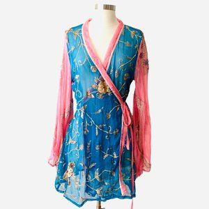 Lolita Jaca Sheer Silk Beaded Kimono Robe with Bell Sleeves Resort Anthropologie